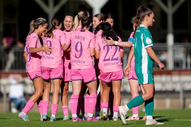 TSG 1899 Hoffenheim II U20 players, celebrate the goal, celebrate the goal, goal, celebration, cheer, cheers about the goal, rejoice, joy, rejoicing, optimistic, positive, match scene, highlight, action, action, 31 08 2025, St Leon Rot Germany , Soccer, Women, Regionalliga Süd, TSG 1899 Hoffenheim U20 SpVgg Greuther Fürth, 31 08 2025, St Leon Rot Germany , Soccer, Women, Regionalliga Süd, TSG 1899 Hoffenheim U20 SpVgg Greuther Fürth, DFB DFL REGULATIONS PROHIBIT ANY USE OF PHOTOGRAPHS AS IMAGE SEQUENCES AND OR QUASI VIDEO xozx