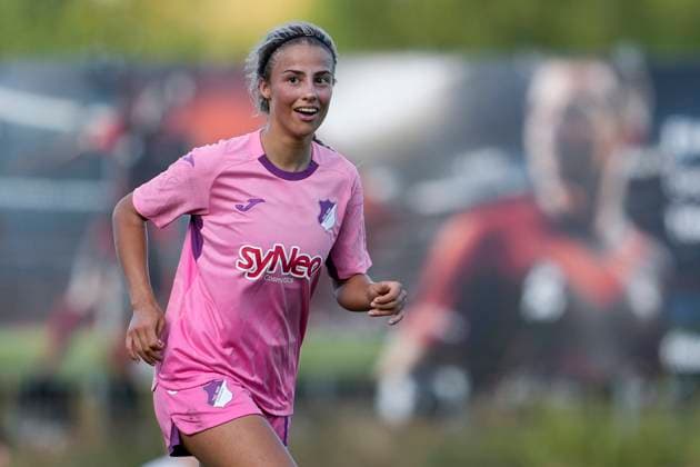 Goalscorer Christina Alp TSG II, 18 , cheers about the goal to 4 0, cheer, cheer, goal celebration, celebrate the goal, goal, celebration, cheers about the goal, rejoicing, joy, rejoices, optimistic, positive, game scene, highlight, single picture, single photo, action, action, 31 08 2025, St Leon Rot Germany , Soccer, Women, Regionalliga Süd, TSG 1899 Hoffenheim U20 SpVgg Greuther Fürth, 31 08 2025, St Leon Rot Germany , Soccer, Women, Regionalliga Süd, TSG 1899 Hoffenheim U20 SpVgg Greuther Fürth, DFB DFL REGULATIONS PROHIBIT ANY USE OF PHOTOGRAPHS AS IMAGE SEQUENCES AND OR QUASI VIDEO xozx
