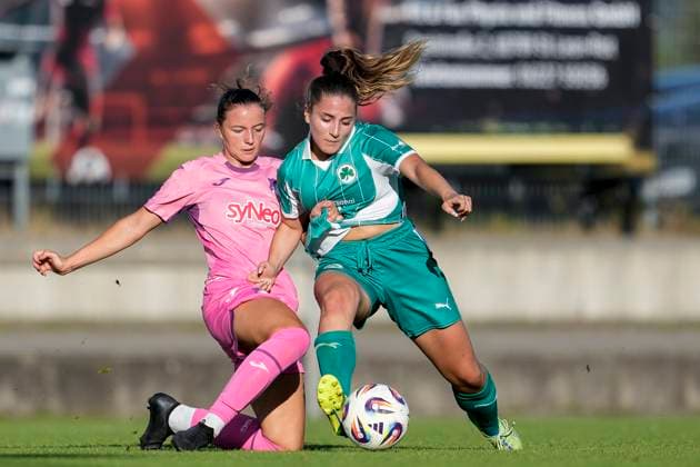 v li Zoe Abegg TSG II, 20 , Aurora Tornaquindici Fürth, 16 , duel, duel, tackle, tackling, dynamics, action, action, 31 08 2025, St Leon Rot Germany , Football, Women, Regionalliga Süd, TSG 1899 Hoffenheim U20 SpVgg Greuther Fürth, 31 08 2025, St Leon Rot Germany , Soccer, Women, Regionalliga Süd, TSG 1899 Hoffenheim U20 SpVgg Greuther Fürth, DFB DFL REGULATIONS PROHIBIT ANY USE OF PHOTOGRAPHS AS IMAGE SEQUENCES AND OR QUASI VIDEO xozx