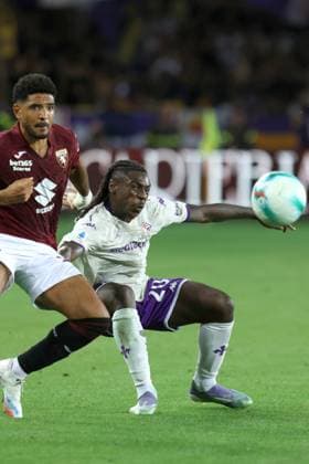 MOISE KEAN, Fiorentina, SAUL COCO, Torino, Serie A, 2025-26, Torino vs Fiorentina 0-0, 31-08-2025, Contrasto, Action SERIE A 2025-26 TORINO-FIORENTINA 0-0