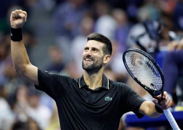 Novak Djokovic of Serbia celebrates after match point defeating Jan-Lennard Struff of Germany in straight sets in his 4th round match in Arthur Ashe Stadium on day 8 at the 2025 US Open Tennis Championship at the USTA Billie Jean King National Tennis Center in New York City on Sunday, August 31, 2025.  NYP20250831120 JOHNxANGELILLO