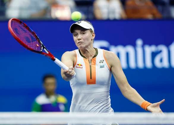 Elena Rybakina of Kazakhstan returns a ball to Marketa.Vondrousova of Czechia in the second set of their 4th round match in Arthur Ashe Stadium on day 8 at the 2025 US Open Tennis Championship at the USTA Billie Jean King National Tennis Center in New York City on Sunday, August 31, 2025.  NYP20250831127 JOHNxANGELILLO