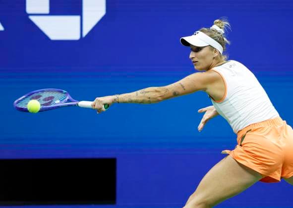 Marketa Vondrousova of Czechia returns a ball to Elena Rybakina of Kazakhstan in their 4th round match in Arthur Ashe Stadium on day 8 at the 2025 US Open Tennis Championship at the USTA Billie Jean King National Tennis Center in New York City on Sunday, August 31, 2025. Vondrousova defeated Rybakina in 3 sets to advance to the quarterfinals.  NYP20250831124 JOHNxANGELILLO