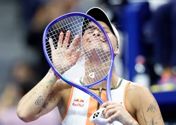 Marketa Vondrousova of Czechia reacts after match point in her match against Elena Rybakina of Kazakhstan in the 4th round in Arthur Ashe Stadium on day 8 at the 2025 US Open Tennis Championship at the USTA Billie Jean King National Tennis Center in New York City on Sunday, August 31, 2025. Vondrousova defeated Rybakina in 3 sets to advance to the quarterfinals.  NYP20250831130 JOHNxANGELILLO
