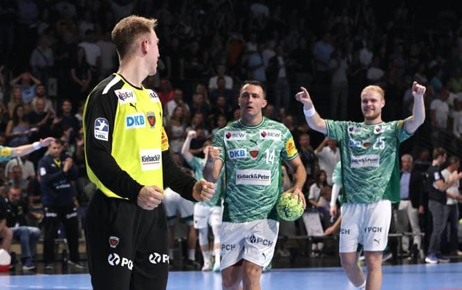 Goalkeeper Lasse Ludwig, Aitor Arino, Matthes Langhoff cheer after the end of the game Joy Emotion Cheering Sport Handball HBL Bundesliga Men 1 Matchday Season 2025 2026 31 08 2025 Füchse Berlin vs Bergischer HC