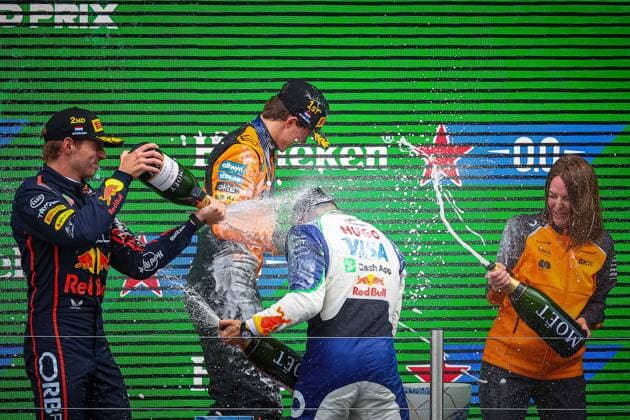 Isack Hadjar first F1 podium - Netherlands Podium of the race: Oscar Piastri wins ahead Max Verstappen and Isack Hadjar during the Dutch GP, Zandvoort 28-31 August 2025. Formula 1 World Championship, WM, Weltmeisterschaft 2025. Photo by IPA ABACAPRESS.COM Netherlands Netherlands  Copyright: xIPA ABACAx