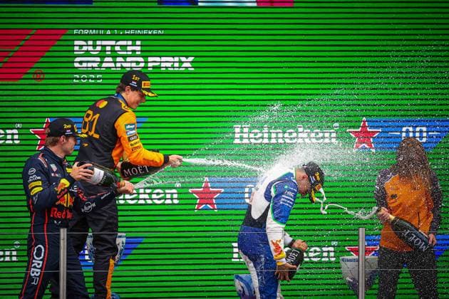 Isack Hadjar first F1 podium - Netherlands Podium of the race: Oscar Piastri wins ahead Max Verstappen and Isack Hadjar during the Dutch GP, Zandvoort 28-31 August 2025. Formula 1 World Championship, WM, Weltmeisterschaft 2025. Photo by IPA ABACAPRESS.COM Netherlands Netherlands  Copyright: xIPA ABACAx