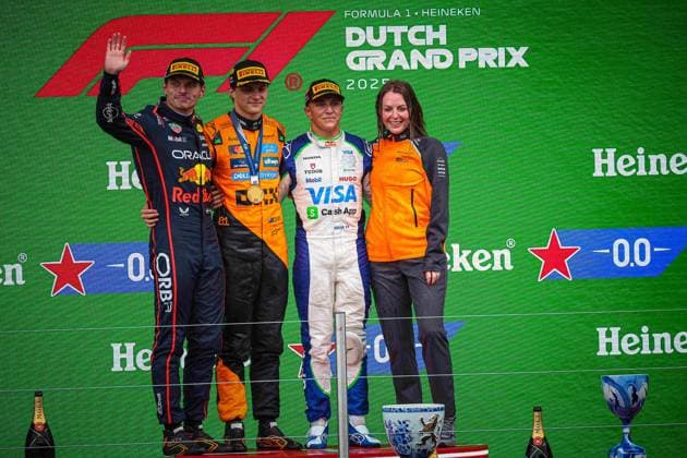 Isack Hadjar first F1 podium - Netherlands Podium of the race: Oscar Piastri wins ahead Max Verstappen and Isack Hadjar during the Dutch GP, Zandvoort 28-31 August 2025. Formula 1 World Championship, WM, Weltmeisterschaft 2025. Photo by IPA ABACAPRESS.COM Netherlands Netherlands  Copyright: xIPA ABACAx