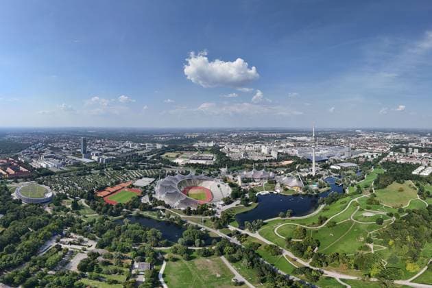 Munich wants to bid for the Olympic Games and host the Summer Games again after 1972 Olympic bid Overview of the Olympic Park with Olympic Stadium, Olympic Swimming Pool and Olympic Hall in the Olympic Park in Munich, roof, roof construction, tent roof, total sports facilities