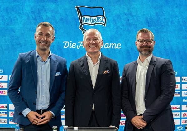 Football, Men, Season 2025 26, 2 Bundesliga, Hertha BSC, Press conference to introduce the new Managing Director, in the picture Managing Director Ralf Huschen Hertha BSC , Managing Director Dr Peter Görlich Hertha BSC , President Fabian Drescher Hertha BSC , 01 09 2025, Copyright: xSebastianxRäppold MatthiasxKochx