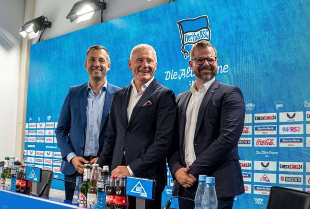 Football, Men, Season 2025 26, 2 Bundesliga, Hertha BSC, Press conference to introduce the new Managing Director, in the picture Managing Director Ralf Huschen Hertha BSC , Managing Director Dr Peter Görlich Hertha BSC , President Fabian Drescher Hertha BSC , 01 09 2025, Copyright: xSebastianxRäppold MatthiasxKochx