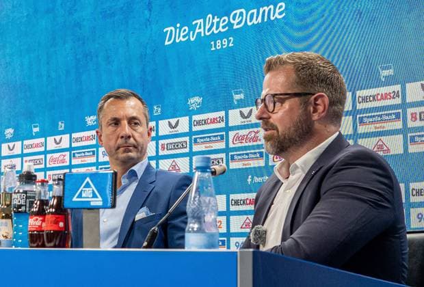 Football, Men, Season 2025 26, 2 Bundesliga, Hertha BSC, Press conference for the presentation of the new managing director, in the picture from l Managing Director Ralf Huschen Hertha BSC , President Fabian Drescher Hertha BSC , 01 09 2025, Copyright: xSebastianxRäppold MatthiasxKochx