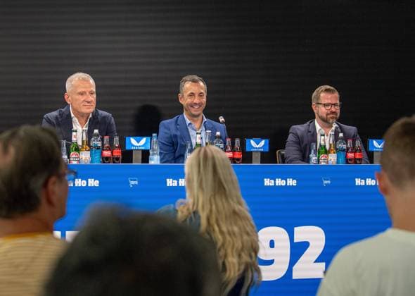 Football, Men, Season 2025 26, 2 Bundesliga, Hertha BSC, Press conference to introduce the new Managing Director, in the picture from l Managing Director Dr Peter Görlich Hertha BSC , Managing Director Ralf Huschen Hertha BSC , President Fabian Drescher Hertha BSC , 01 09 2025, Copyright: xSebastianxRäppold MatthiasxKochx