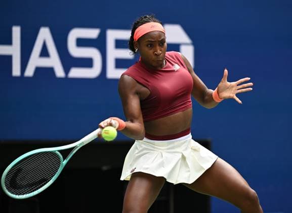Coco Gauff of USA during the match with Naomi Osaka of JAP, Naomi Osaka wins the match in straight sets 6-3 6-2 in the fourth round on Arthur Ashe Stadium on day 9 at the 2025 US Open Tennis Championship at the USTA Billie Jean King National Tennis Center in New York City on Monday, September 1, 2025.  NYP20250901317 LARRYxMARANO