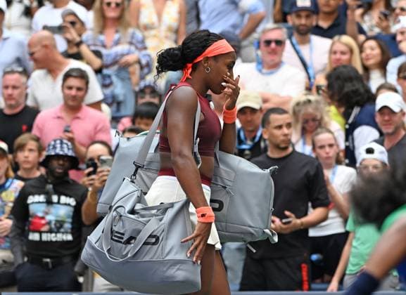 Coco Gauff of USA walks off the court after the match with Naomi Osaka of JAP, Naomi Osaka defeats Coco Gauff in straight sets 6-3 6-2 in the fourth round on Arthur Ashe Stadium on day 9 at the 2025 US Open Tennis Championship at the USTA Billie Jean King National Tennis Center in New York City on Monday, September 01, 2025.  NYP20250901301 LARRYxMARANO