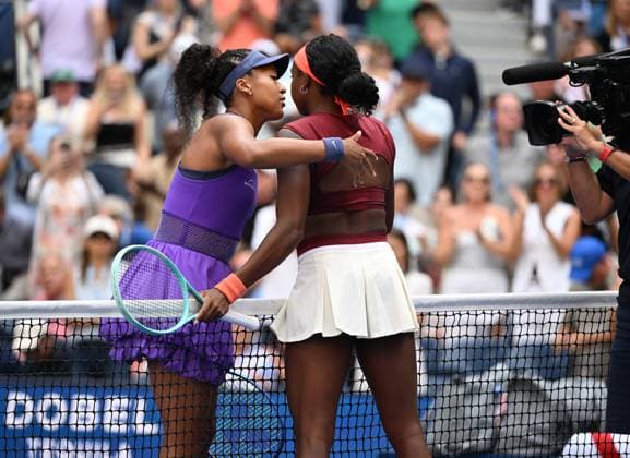 Naomi Osaka of JAP reacts after defeating Coco Gauff of USA in straight sets 6-3 6-2 in the fourth round on Arthur Ashe Stadium on day 9 at the 2025 US Open Tennis Championship at the USTA Billie Jean King National Tennis Center in New York City on Monday, September 01, 2025.  NYP20250901304 LARRYxMARANO