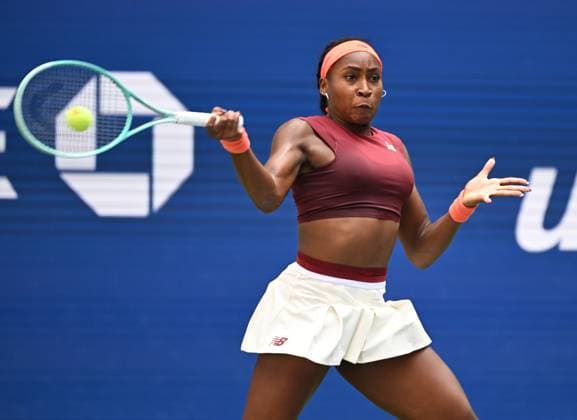 Coco Gauff of USA during the match with Naomi Osaka of JAP, Naomi Osaka defeats Coco Gauff in straight sets 6-3 6-2 in the fourth round on Arthur Ashe Stadium on day 9 at the 2025 US Open Tennis Championship at the USTA Billie Jean King National Tennis Center in New York City on Monday, September 01, 2025.  NYP20250901306 LARRYxMARANO