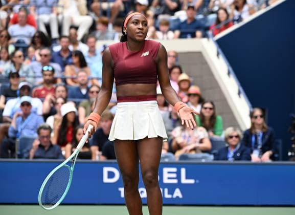 Coco Gauff of USA reacts during the match with Naomi Osaka of JAP, Naomi Osaka defeats Coco Gauff in straight sets 6-3 6-2 in the fourth round on Arthur Ashe Stadium on day 9 at the 2025 US Open Tennis Championship at the USTA Billie Jean King National Tennis Center in New York City on Monday, September 01, 2025.  NYP20250901308 LARRYxMARANO