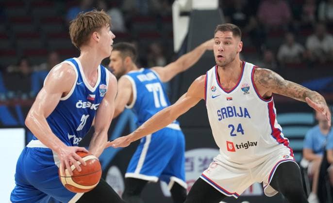 (250902) -- RIGA, Sept. 2, 2025 -- Stefan Jovic (R) of Serbia vies with Petr Krivanek of the Czech Republic during the FIBA EuroBasket 2025 group A match between Serbia and the Czech Republic in Riga, Latvia, on Sept. 1, 2025. (Photo by Xinhua) (SP)LATVIA-RIGA-BASKETBALL-FIBA-EUROBASKET-SRB VS CZE EdijsxPalens 