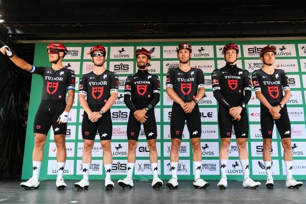 2025 Lloyds Tour of Britain Picture by Simon Wilkinson SWpix.com - 02 06 2025 - Cycling - 2025 Lloyds Tour of Britain - Stage 1: Woodbridge to Southwold - Team Presentation - Julian Alaphilippe, Alberto Dainese, Mathys Rondel, Robin Froidevaux, Matteo Trentin, Fabian Lienhard (Tudor Pro Cycling Team) Copyright: x xSWpix.comx(t axPhotographyxHubxLtd)xSimonxWilkinson SWpix.comx SWP-3069-2078