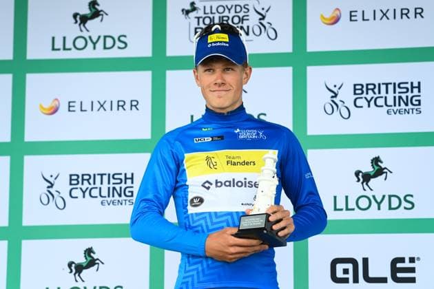 2025 Lloyds Tour of Britain Picture by Simon Wilkinson SWpix.com - 02 06 2025 - Cycling - 2025 Lloyds Tour of Britain - Stage 1: Woodbridge to Southwold - Podium - Milan Lanhove (Team Flanders Baloise) Leader King of the Mountains Classification Copyright: x xSWpix.comx(t axPhotographyxHubxLtd)xSimonxWilkinson SWpix.comx SWP-3069-2158