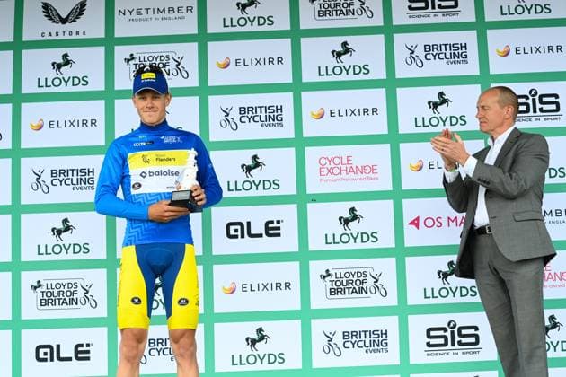 2025 Lloyds Tour of Britain Picture by Simon Wilkinson SWpix.com - 02 06 2025 - Cycling - 2025 Lloyds Tour of Britain - Stage 1: Woodbridge to Southwold - Podium - Milan Lanhove (Team Flanders Baloise) Leader King of the Mountains Classification Copyright: x xSWpix.comx(t axPhotographyxHubxLtd)xSimonxWilkinson SWpix.comx SWP-3069-2166