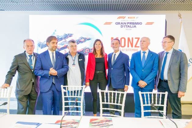 Da Sinistra: Giuseppe Redaelli (Presidente dell Autodromo Nazionale Monza), Geronimo La Russa (Presidente dell Automobile Club di Milano), Giovanni Battista Tombolato (Sub Commissario dell Automobile Club d Italia - ACI), Martina Riva (Assessora allo Turismo e Politiche Giovanili del Comune di Milano), Attilio Fontana (Presidente della Regione Lombardia), Tullio Del Sette (Commissario Straordinario dell Automobile Club d Italia - ACI), Paolo Pilotto (Sindaco di Monza e Presidente del Consorzio Villa Reale e Parco) during Pirelli Gran Premio d Italia 2025 - press conference, PK, Pressekonferenz Formula 1 Championship in Monza, Italy, September 02 2025  Copyright: xLucaxRossini IPAxSportx xipa-agency.netx xx IPA_63954007 IPA_Agency_IPA63954007