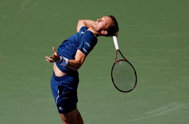 Jiri Lehecka Czechia serves to Carlos Alcaraz of Spain in the first set before losing in straight sets in their quarterfinal match in Arthur Ashe Stadium on day 10 at the 2025 US Open Tennis Championship at the USTA Billie Jean King National Tennis Center in New York City on Tuesday, September 2, 2025.  NYP20250902120 JOHNxANGELILLO