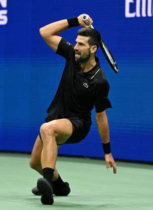 Novak Djokovic of Serbia plays Taylor Fritz during the Quarterfinals on Arthur Ashe Stadium on day 10 at the 2025 US Open Tennis Championship at the USTA Billie Jean King National Tennis Center in New York City on Tuesday, September 2, 2025.  NYP20250902310 LARRYxMARANO