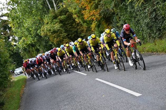 2025 Lloyds Tour of Britain Picture by Bruce Rollinson SWpix.com - 03 06 2025 - Cycling - 2025 Lloyds Tour of Britain - Stage 2: Stowmarket to Stowmarket - Matteo Trentin (Tudor Pro Cycling Team) leads the peloton with Loe Van Belle (Team Visma Lease a Bike) in second wheel Copyright: x xSWpix.comx(t axPhotographyxHubxLtd)xBrucexRollinson SWpix.comx SWP-3069-2235