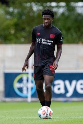Testspiel: Bayer 04 Leverkusen - Viktoria Köln; 03.09.2025 Jeremiah Mensah (Bayer 04 Leverkusen, 27) im Testspiel zwischen Bayer 04 Leverkusen und Viktoria Köln, am 03.09.2025, Ulrich-Haberland-Stadion, Leverkusen. *** Test match Bayer 04 Leverkusen Viktoria Köln 03 09 2025 Jeremiah Mensah Bayer 04 Leverkusen, 27 in the test match between Bayer 04 Leverkusen and Viktoria Köln, on 03 09 2025, Ulrich Haberland Stadion, Leverkusen Copyright: xBEAUTIFULxSPORTS Meuselx