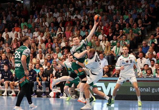 03 09 2025, Germany, Göppingen, Handball DAIKIN HBL Bundesliga Season 2025 2026, FRISCH AUF Göppingen vs Füchse Berlin, f l Erik Persson FAG , Max Darj Ber