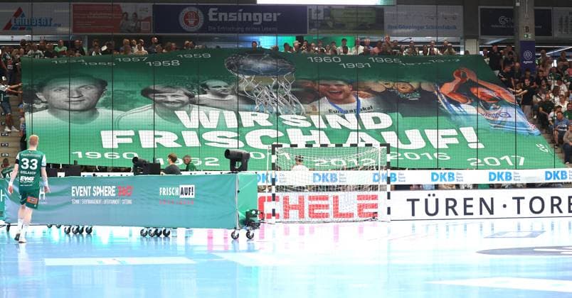 03 09 2025, Germany, Göppingen, Handball DAIKIN HBL Bundesliga season 2025 2026, FRISCH AUF Göppingen vs Füchse Berlin, Banner, Choreo, We are Frisch Auf