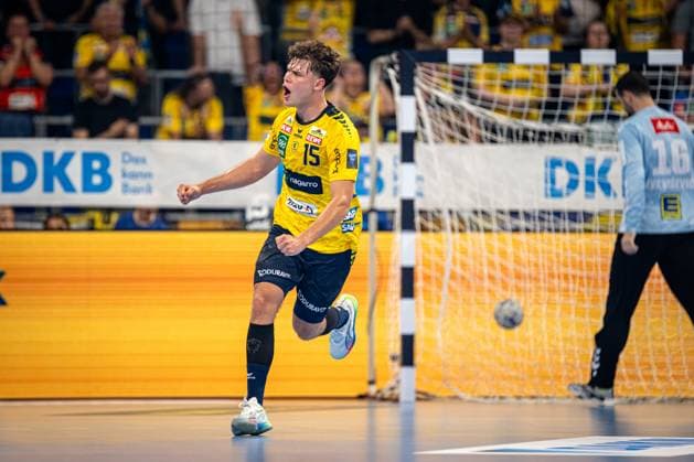 1 Handball Bundesliga, DAIKIN HBL, Rhein Neckar Löwen GWD Minden 03 09 2025 David More 15 Rhein Neckar Löwen cheers after scoring a goal in the SAP Arena in Mannheim 1 Handball Bundesliga, Rhein Neckar Löwen - GWD Minden, Mannheim, SAP Arena, 03 09 2025 Copyright: xBEAUTIFULxSPORTS Gelhardtx