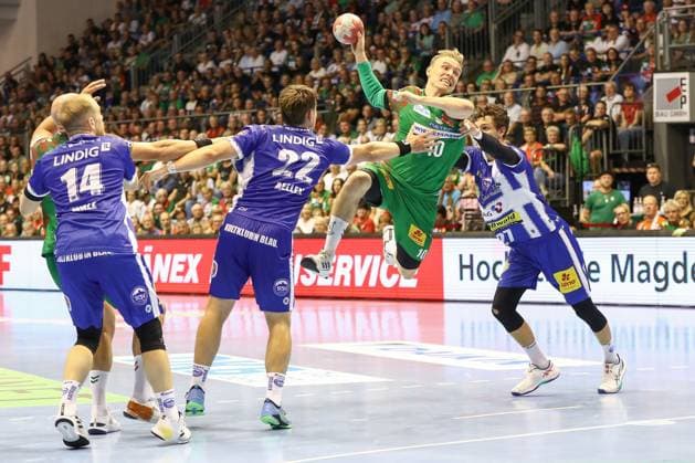 03 09 2025, xgox, Handball Daikin HBL SC Magdeburg ThSV Eisenach emspor, v l Gisli Thorgeir Kristjansson Magdeburg, 10 throws goal, goal scorer, scores goal, scores the goal Magdeburg