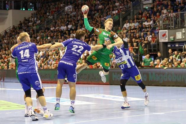 03 09 2025, xgox, Handball Daikin HBL SC Magdeburg ThSV Eisenach emspor, v l Gisli Thorgeir Kristjansson Magdeburg, 10 throws goal, goal scorer, scores goal, scores the goal Magdeburg