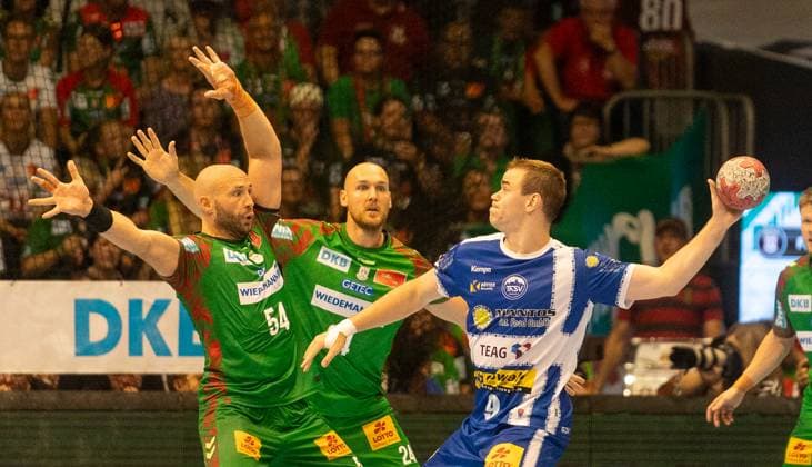 3 9 2025, Handball, Men, HBL, 1 VBL, 1 Handball Bundesliga, Season 2025 26, 2 Matchday, SC Magdeburg ThSV Eisenach, Oscar Bergendahl SC Magdeburg, left and Christian OÂ Sullivan SC Magdeburg, center against Max Beneke ThSV Eisenach, right Magdeburg GETEC Arena Sachsen Anhalt Germany