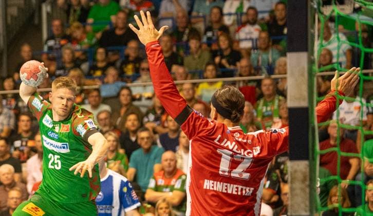 3 9 2025, Handball, Men, HBL, 1 VBL, 1 Handball Bundesliga, Season 2025 26, 2 Matchday, SC Magdeburg ThSV Eisenach, Sebastian Barthold SC Magdeburg, left against Silvio Heinevetter ThSV Eisenach, right Magdeburg GETEC Arena Sachsen Anhalt Germany