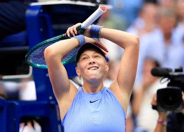 Amanda Anisimova celebrates after match point defeating Iga Swiatek of Poland in straight sets in the quarterfinals in Arthur Ashe Stadium on day 11 at the 2025 US Open Tennis Championship at the USTA Billie Jean King National Tennis Center in New York City on Wednesday, September 3, 2025. Anisimova defeated Swiatek 6-4, 6-3 and advanced to the semifinals.  NYP20250903101 JOHNxANGELILLO