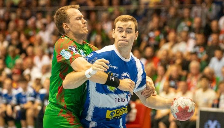 3 9 2025, Handball, Men, HBL, 1 VBL, 1 Handball Bundesliga, Season 2025 26, 2 Matchday, SC Magdeburg ThSV Eisenach, Felix Claar SC Magdeburg, left against Max Beneke ThSV Eisenach, right Magdeburg GETEC Arena Sachsen Anhalt Germany
