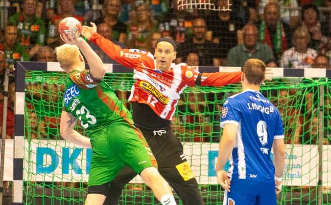 3 9 2025, Handball, Men, HBL, 1 VBL, 1 Handball Bundesliga, Season 2025 26, 2 Matchday, SC Magdeburg ThSV Eisenach, Magnus Saugstrup Jensen SC Magdeburg, left against Silvio Heinevetter ThSV Eisenach, center and Max Beneke ThSV Eisenach, right Magdeburg GETEC Arena Sachsen Anhalt Germany
