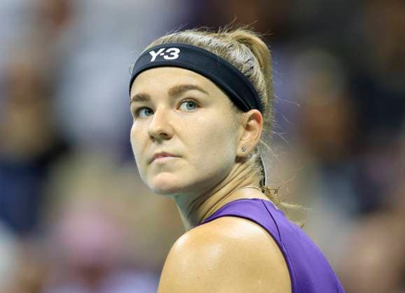 Karolina Muchova of Czechia reacts after a point in the second set against Naomi Osaka of Japan before losing in straight sets in their quarterfinal match in Arthur Ashe Stadium on day 11 at the 2025 US Open Tennis Championship at the USTA Billie Jean King National Tennis Center in New York City on Wednesday, September 3, 2025.  NYP20250903143 JOHNxANGELILLO