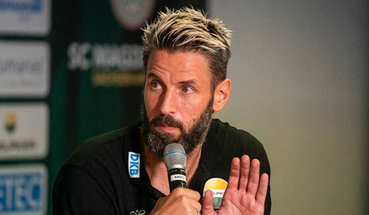 3 9 2025, Handball, Men, HBL, 1 VBL, 1 Handball Bundesliga, Season 2025 26, 2 Matchday, SC Magdeburg ThSV Eisenach, Coach Bennet Wiegert SC Magdeburg at the press conference after the match Magdeburg GETEC Arena Sachsen Anhalt Germany