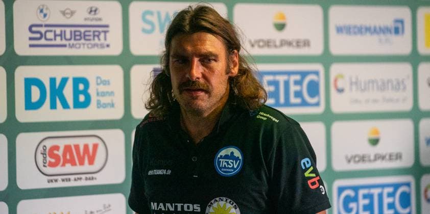 3 9 2025, Handball, Men, HBL, 1 VBL, 1 Handball Bundesliga, Season 2025 26, 2 Matchday, SC Magdeburg ThSV Eisenach, Coach Sebastian Hinze ThSV Eisenach at the press conference after the match Magdeburg GETEC Arena Sachsen Anhalt Germany