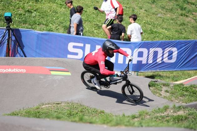 03 09 2025, Monthey, Monthey, 2025 UCI Mountain Bike World Championships, Sirio Grünig SUI during free training of the Pump Track Monthey Monthey Valais Switzerland Copyright: xJustPictures.ch FrancescoxMinghettix jp-en-FrMi-MNG_6564