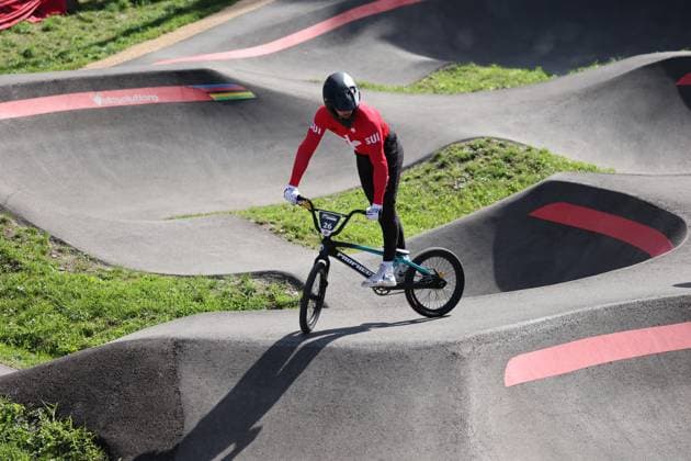 03 09 2025, Monthey, Monthey, 2025 UCI Mountain Bike World Championships, Sirio Grünig SUI during free training of the Pump Track Monthey Monthey Valais Switzerland Copyright: xJustPictures.ch FrancescoxMinghettix jp-en-FrMi-MNG_6961