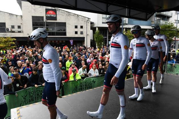 2025 Lloyds Tour of Britain Picture by Simon Wilkinson SWpix.com - 04 06 2025 - Cycling - 2025 Lloyds Tour of Britain - Stage 3: Milton Keynes to Ampthill - Team Presentation - Ben Wiggins, Huw Buck Jones, Matthew Bostock, Ben Chilton, Joshua Golliker, Josh Charlton (Great Britain) Copyright: x xSWpix.comx(t axPhotographyxHubxLtd)xSimonxWilkinson SWpix.comx SWP-3069-2324