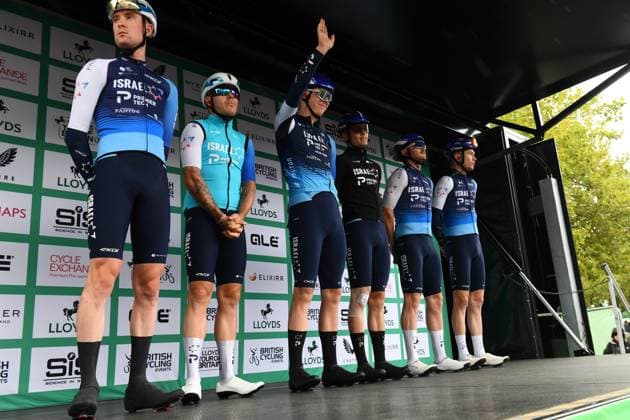 2025 Lloyds Tour of Britain Picture by Simon Wilkinson SWpix.com - 04 06 2025 - Cycling - 2025 Lloyds Tour of Britain - Stage 3: Milton Keynes to Ampthill - Team Presentation - Joseph Blackmore, Hugo Hofstetter, Nick Schultz, Brady Gilmore, Zac Marriage, Finlay Tarling (Israel Premier Tech) Copyright: x xSWpix.comx(t axPhotographyxHubxLtd)xSimonxWilkinson SWpix.comx SWP-3069-2325
