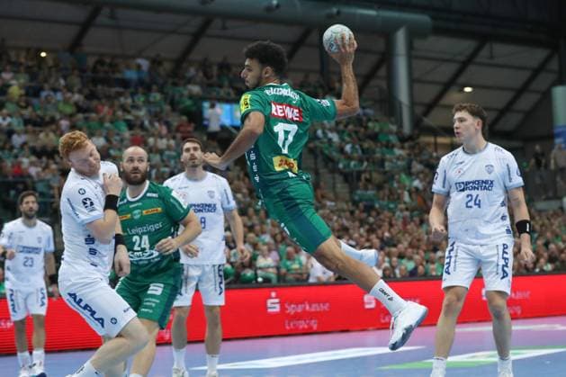 04 09 2025, xtgx, Handball, Daikin HBL, SC DHfK Leipzig TBV Lemgo Lippe v l Ahmed Moustafa Khairi Nasralla Leipzig, 17 throws goal, goal scorer, scores goal, scores the goal Leipzig