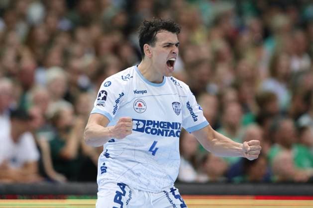 04 09 2025, xtgx, Handball, Daikin HBL, SC DHfK Leipzig TBV Lemgo Lippe v l Samuel Zehnder Lemgo, 4 Jubel, Torjubel, jubelt ueber das Tor, celebrate the goal, celebration Leipzig
